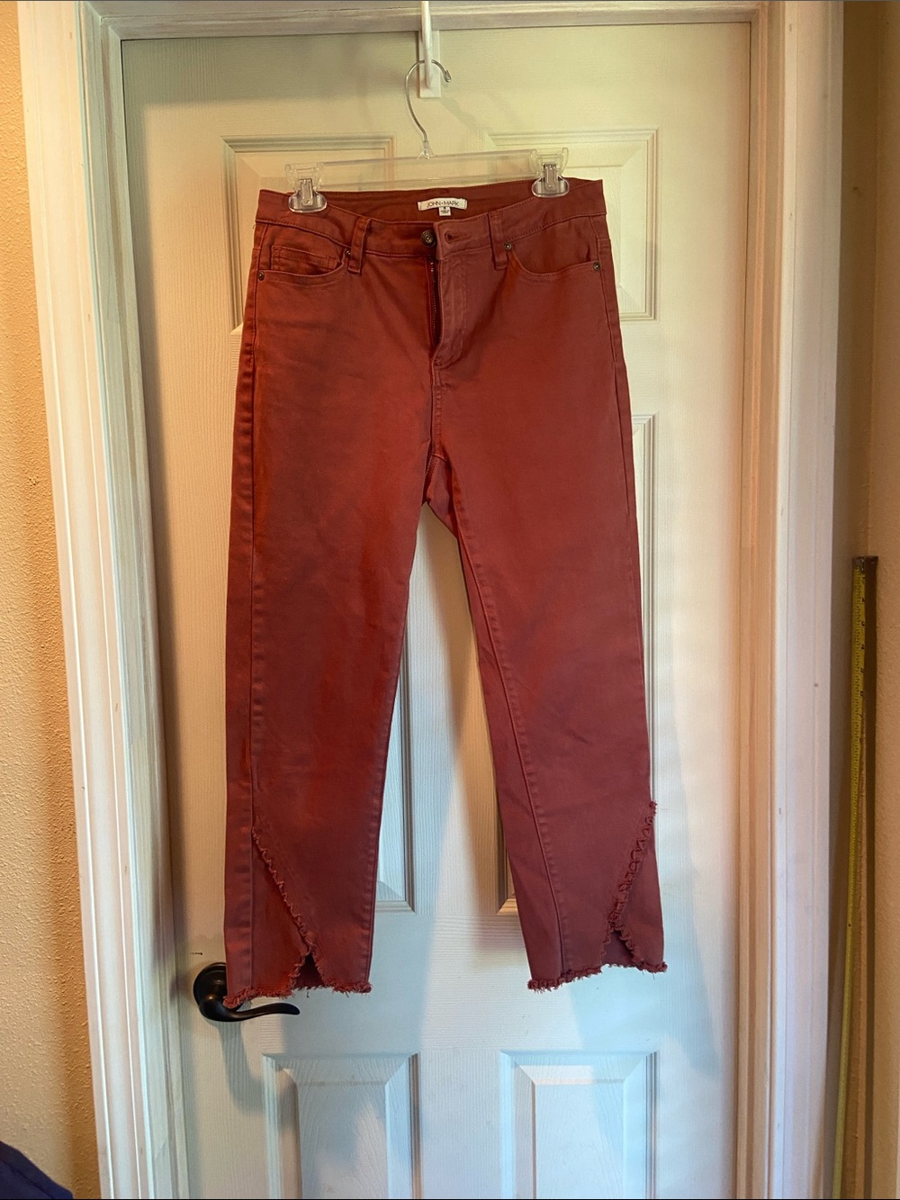 John Mark Rust Red Cropped Jeans with Raw Hem